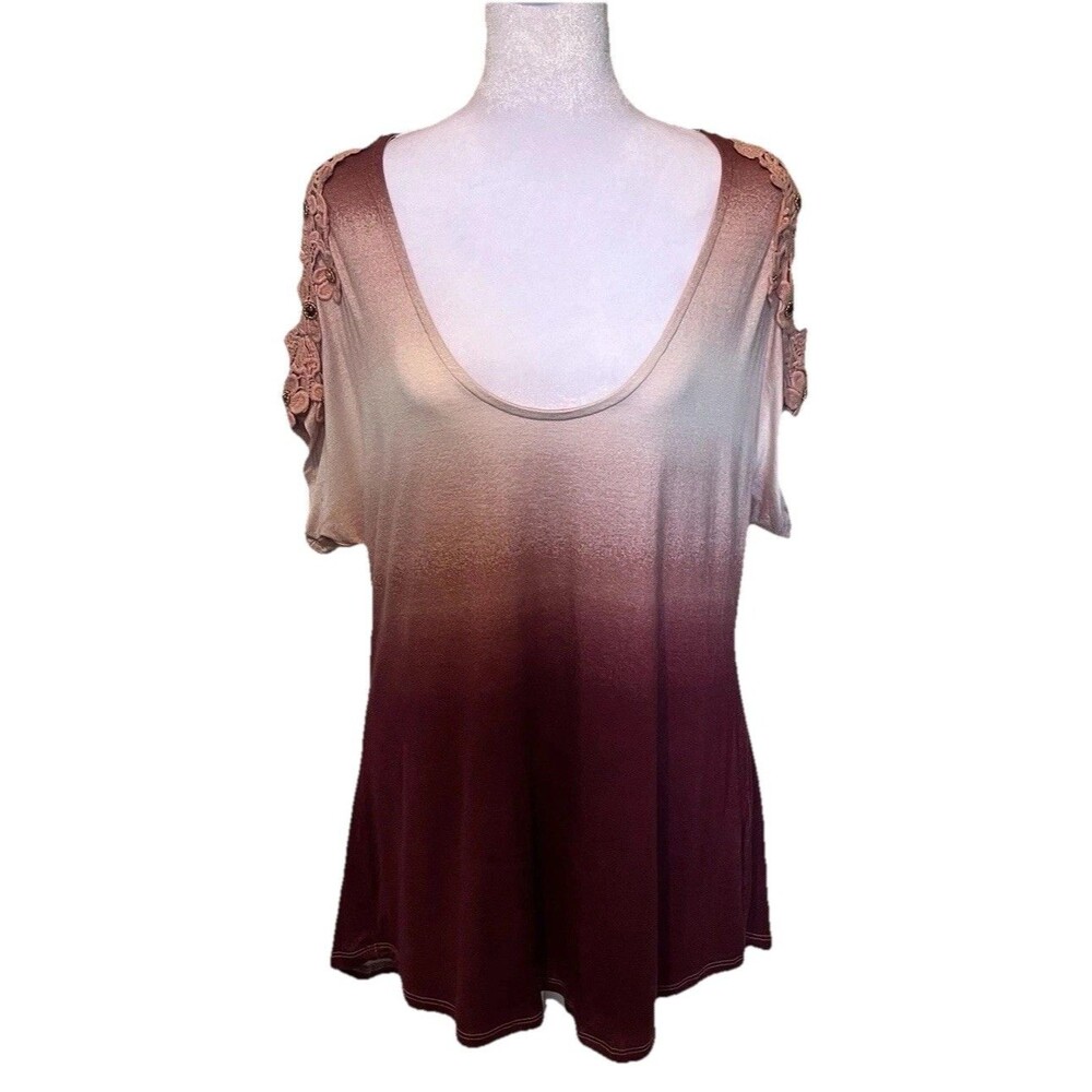 Venus Womens Cold Shoulder Short Sleeve Hi Lo Mauve ombré Crochet Top Size L